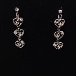Vintage Silver-Toned Triple Stacked Hearts Post Drop Dangle Earrings